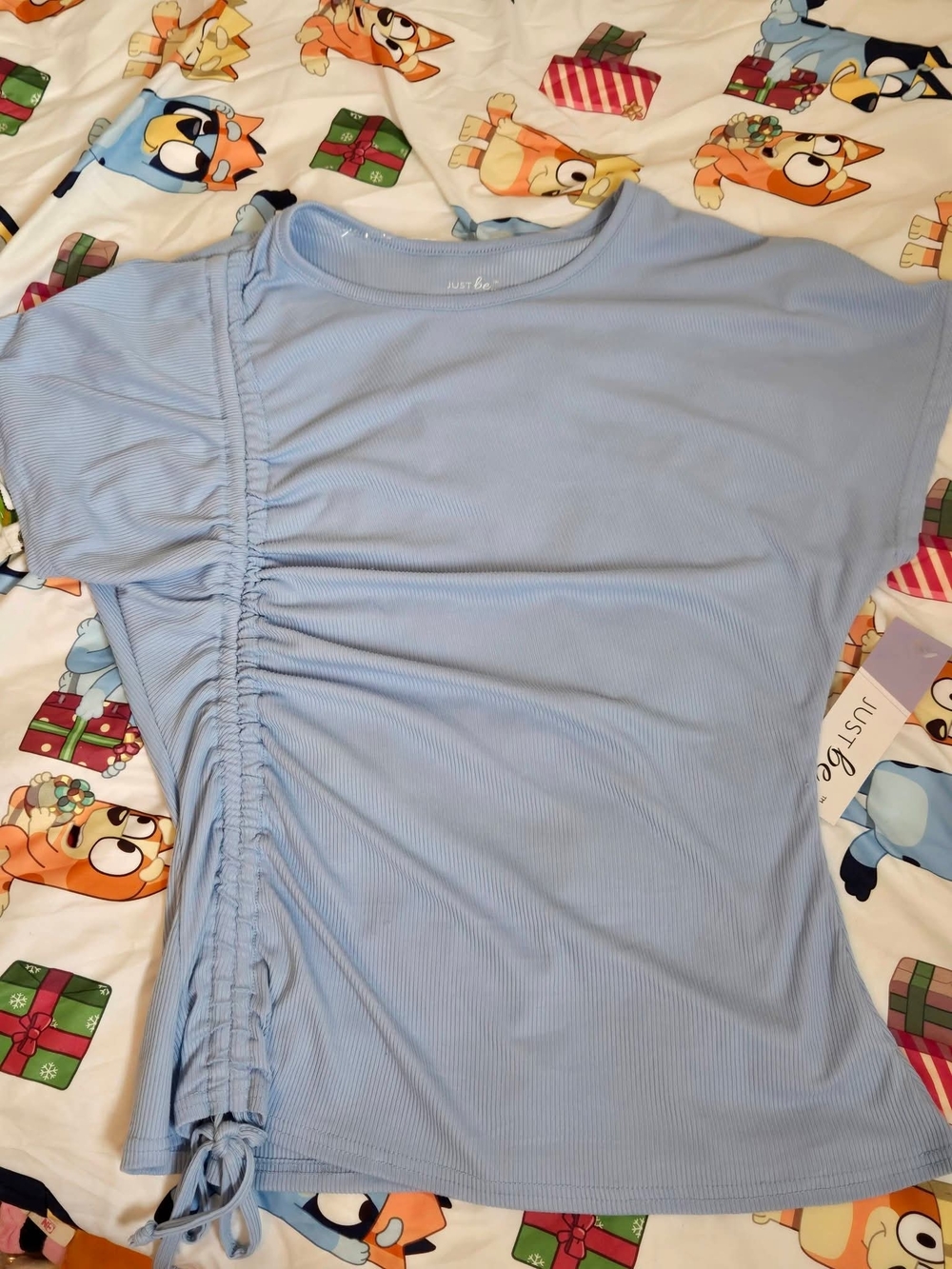 Light Blue Ribbed Short Sleeve Top with Side Ruched Tie